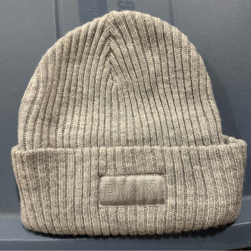 PINK Victoria's Secret Light Gray Ribbed Beanie